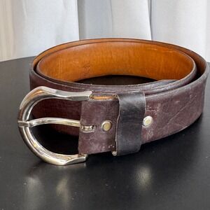 Vintage Elephant & Genuine Calf Leather Belt Brown‎ Silver Tone Buckle Mens 36